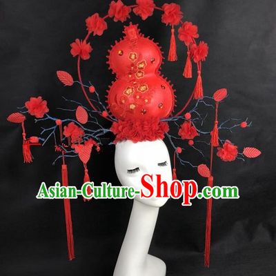 Chinese Traditional Palace Exaggerated Headdress Catwalks Red Cucurbit Hair Accessories for Women