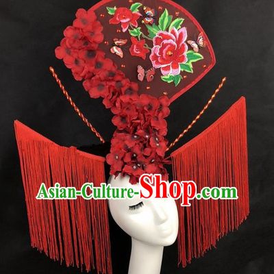 Chinese Traditional Palace Exaggerated Headdress Catwalks Red Peony Tassel Hair Accessories for Women