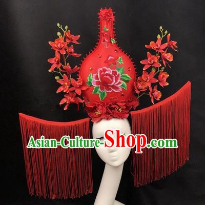 Chinese Traditional Palace Exaggerated Headdress Catwalks Red Flowers Hair Accessories for Women