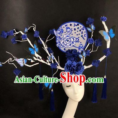 Chinese Traditional Palace Exaggerated Headdress Catwalks Blue Flowers Branch Hair Accessories for Women