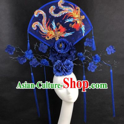 Chinese Traditional Palace Exaggerated Blue Headdress Catwalks Embroidered Phoenix Hair Accessories for Women