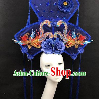 Chinese Traditional Palace Exaggerated Headdress Catwalks Embroidered Phoenix Blue Hair Accessories for Women