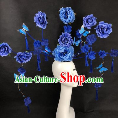 Chinese Traditional Palace Exaggerated Headdress Catwalks Blue Peony Hair Accessories for Women
