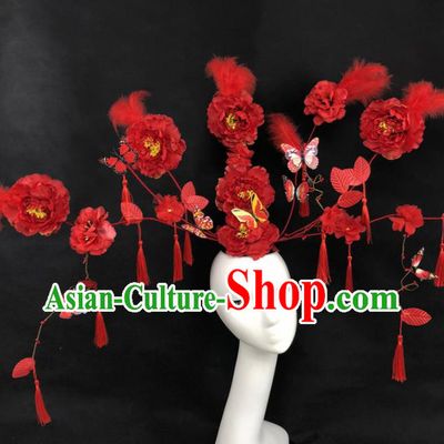 Chinese Traditional Palace Exaggerated Headdress Catwalks Red Peony Hair Accessories for Women