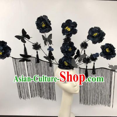Chinese Traditional Palace Exaggerated Headdress Catwalks Black Peony Hair Accessories for Women