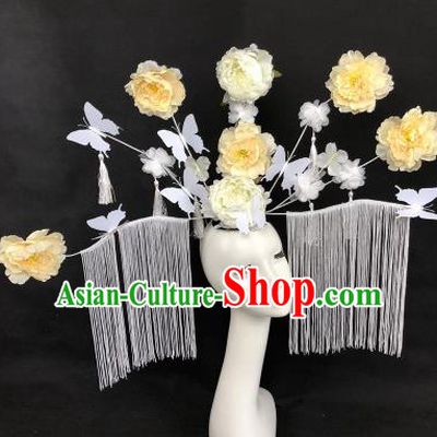 Chinese Traditional Palace Exaggerated Headdress Catwalks White Peony Hair Accessories for Women