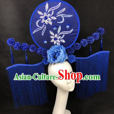 Chinese Traditional Palace Exaggerated Headdress Catwalks Blue Tassel Hair Accessories for Women