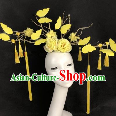 Top Grade Catwalks Hair Accessories Halloween Brazilian Carnival Yellow Butterfly Headdress for Kids