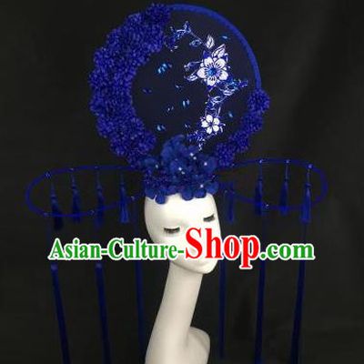 Chinese Traditional Palace Exaggerated Headdress Catwalks Blue Wintersweet Tassel Hair Accessories for Women