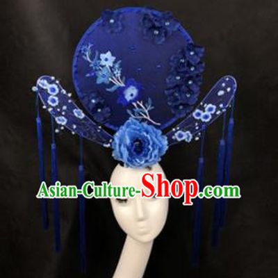Chinese Traditional Palace Exaggerated Headdress Catwalks Blue Peony Embroidered Hair Accessories for Women