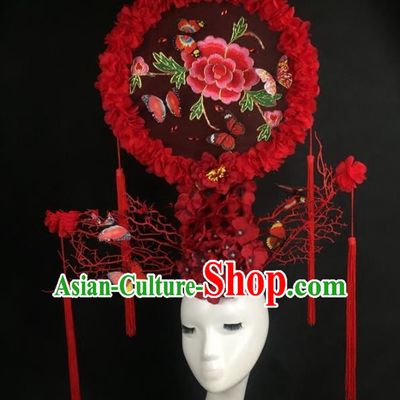 Chinese Traditional Palace Exaggerated Headdress Embroidered Red Peony Catwalks Hair Accessories for Women