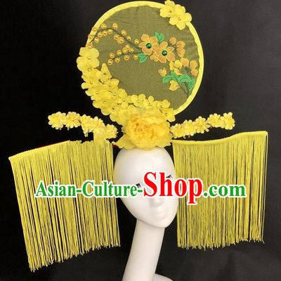Chinese Traditional Palace Exaggerated Headdress Yellow Flowers Tassel Catwalks Hair Accessories for Women