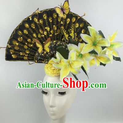 Chinese Traditional Exaggerated Headdress Palace Catwalks Yellow Lily Flowers Hair Accessories for Women