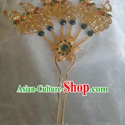 Chinese Ethnic Dai Nationality Hair Accessories Traditional Green Crystal Peacock Hairpins for Women