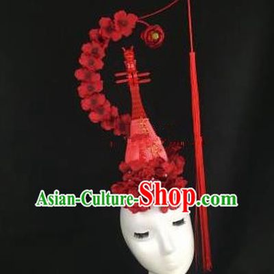 Chinese Traditional Exaggerated Headdress Palace Catwalks Red Flowers Lute Hair Accessories for Women