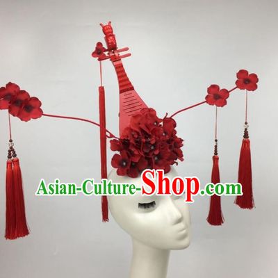 Chinese Traditional Exaggerated Headdress Palace Catwalks Red Flowers Lute Tassel Hair Accessories for Women