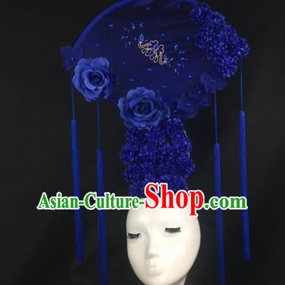 Chinese Traditional Exaggerated Headdress Palace Catwalks Blue Peony Hair Accessories for Women