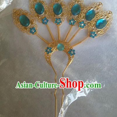 Chinese Ethnic Dai Nationality Hair Accessories Traditional Blue Crystal Hairpins for Women