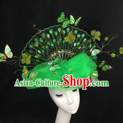 Chinese Traditional Exaggerated Headdress Palace Catwalks Green Veil Butterfly Hair Accessories for Women