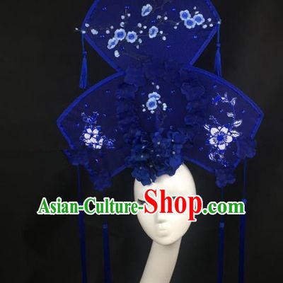 Chinese Traditional Exaggerated Headdress Palace Catwalks Blue Flowers Butterfly Hair Accessories for Women