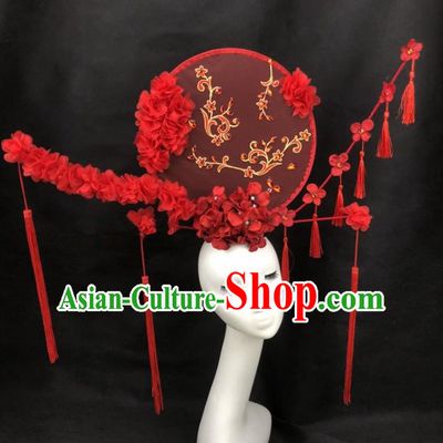 Chinese Traditional Exaggerated Headdress Palace Catwalks Red Flowers Hair Accessories for Women