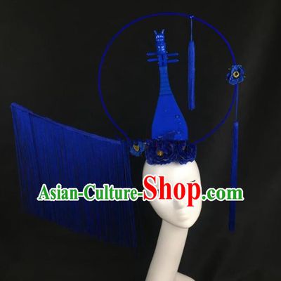 Chinese Traditional Exaggerated Headdress Palace Catwalks Blue Lute Hair Accessories for Women