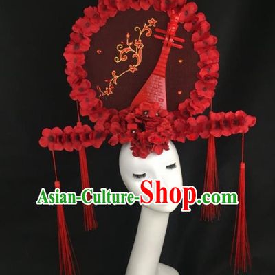 Chinese Traditional Exaggerated Headdress Palace Catwalks Red Lute Hair Accessories for Women