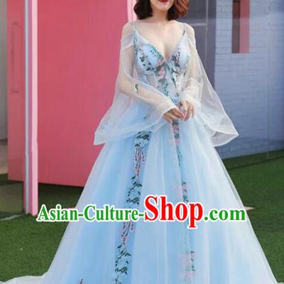 Top Grade Catwalks Costume Flowers Fairy Blue Veil Full Dress for Women