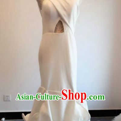 Top Grade Catwalks Costume White Satin Trailing Full Dress for Women
