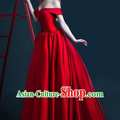 Top Grade Catwalks Costume Red Satin Trailing Full Dress for Women