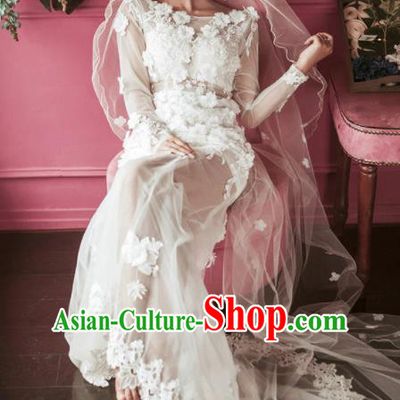 Top Grade Catwalks Costume White Lace Trailing Full Dress for Women
