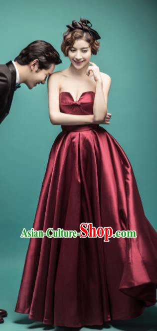 Top Grade Catwalks Costume Wine Red Satin Full Dress for Women Top Grade Catwalks Costume Wine Red Satin Full Dress for Women
