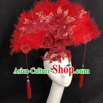 Chinese Traditional Exaggerated Headdress Catwalks Red Feather Hair Accessories for Women