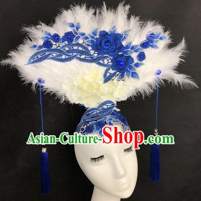 Chinese Traditional Exaggerated Headdress Catwalks Blue Peony Feather Hair Accessories for Women