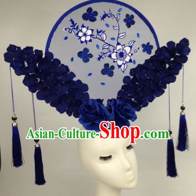 Chinese Traditional Exaggerated Palace Headdress Catwalks Blue Flowers Hair Accessories for Women