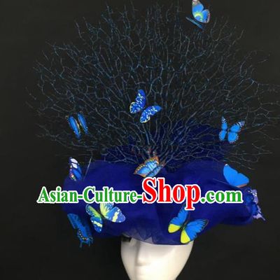 Top Grade Catwalks Hair Accessories Halloween Brazilian Carnival Blue Butterfly Veil Headdress for Women