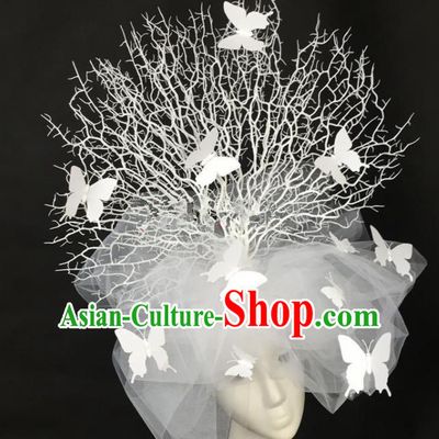 Top Grade Catwalks Hair Accessories Halloween Brazilian Carnival White Butterfly Veil Headdress for Women