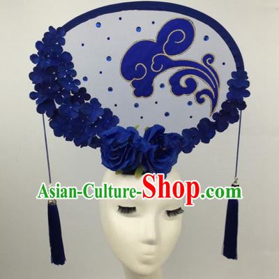 Chinese Traditional Exaggerated Palace Headdress Catwalks Blue Flowers Hair Accessories for Women