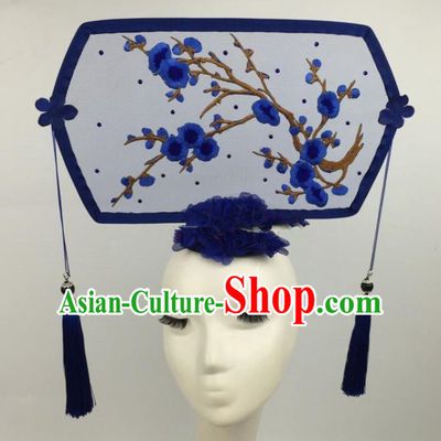 Chinese Traditional Exaggerated Palace Headdress Catwalks Embroidered Blue Wintersweet Hair Accessories for Women