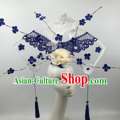 Chinese Traditional Exaggerated Palace Headdress Catwalks Blue Lace Flowers Hair Accessories for Women