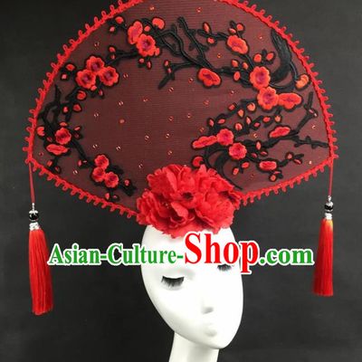 Chinese Traditional Catwalks Exaggerated Headdress Palace Red Wintersweet Hair Accessories for Women
