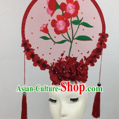 Chinese Traditional Catwalks Exaggerated Headdress Palace Red Flowers Hair Accessories for Women