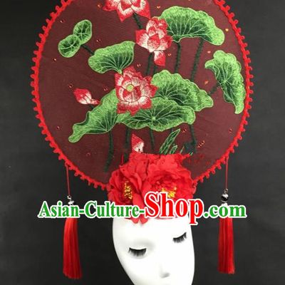 Chinese Traditional Catwalks Exaggerated Headdress Palace Embroidered Lotus Hair Accessories for Women