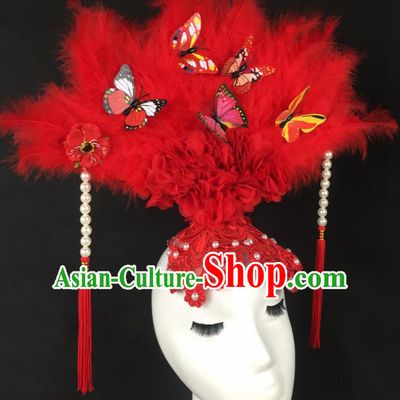 Chinese Traditional Catwalks Exaggerated Headdress Palace Red Feather Hair Accessories for Women