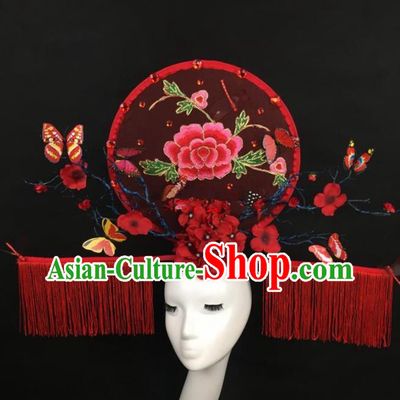Chinese Traditional Exaggerated Palace Headdress Catwalks Embroidered Peony Red Hair Accessories for Women