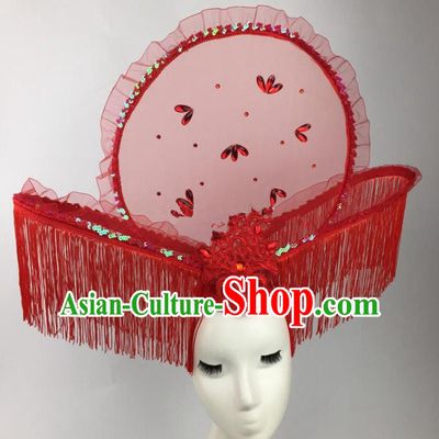 Chinese Traditional Catwalks Exaggerated Red Tassel Headdress Palace Hair Accessories for Women