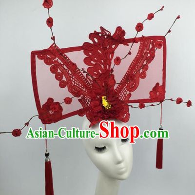 Chinese Traditional Catwalks Exaggerated Red Lace Headdress Palace Hair Accessories for Women