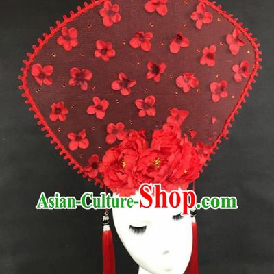 Chinese Traditional Catwalks Red Peony Headdress Palace Exaggerated Hair Accessories for Women