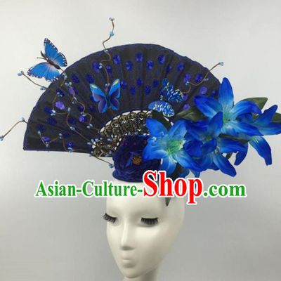 Chinese Traditional Catwalks Blue Lily Flowers Headdress Palace Exaggerated Hair Accessories for Women