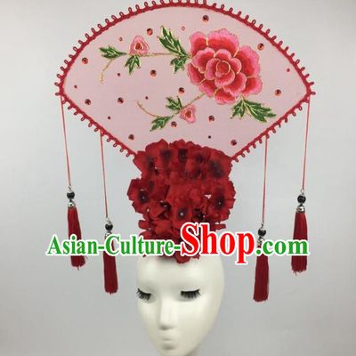 Chinese Traditional Exaggerated Palace Headdress Catwalks Embroidered Pink Peony Hair Accessories for Women